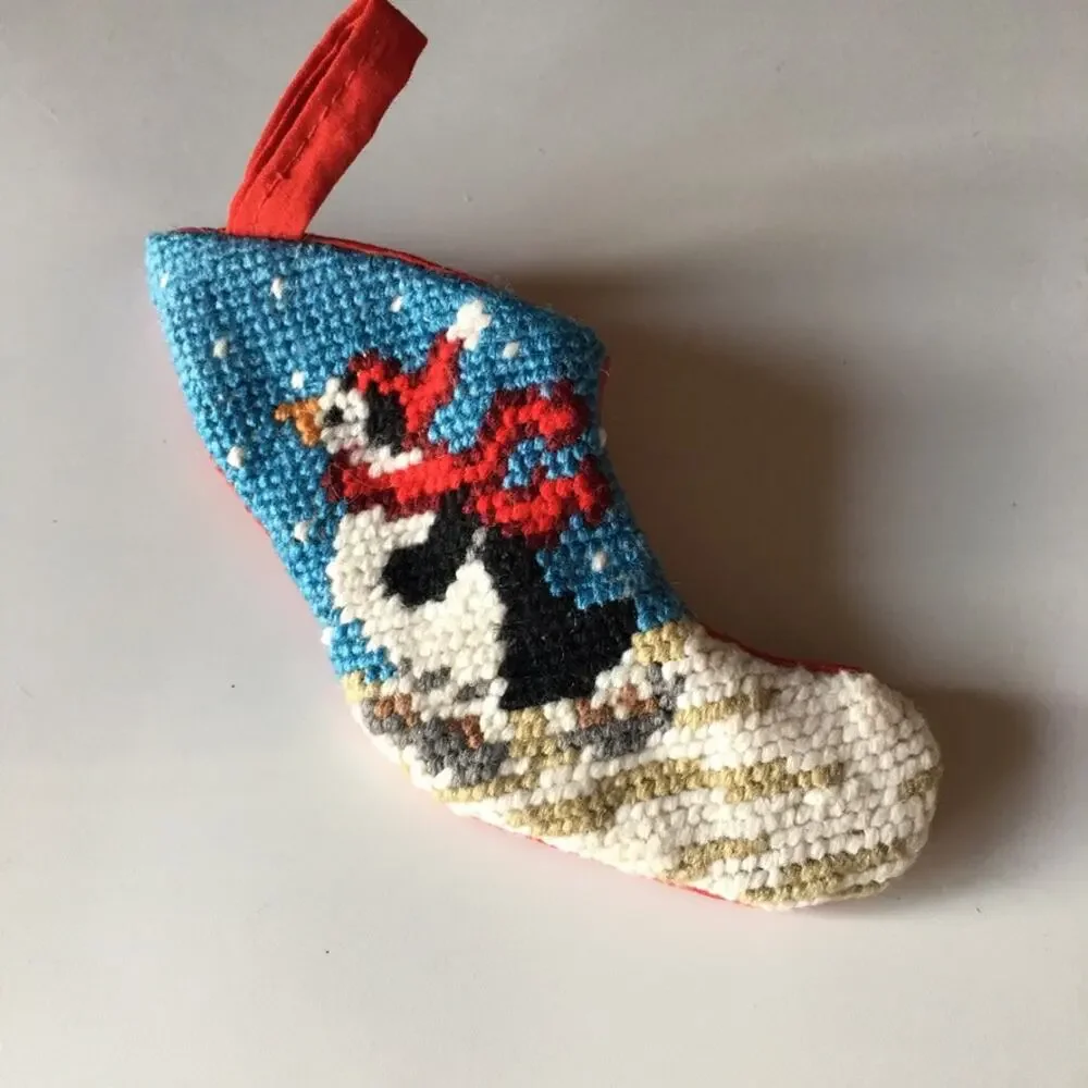 Vintage Mini Petit Point Needlepoint Christmas Penguin Stocking Ornament